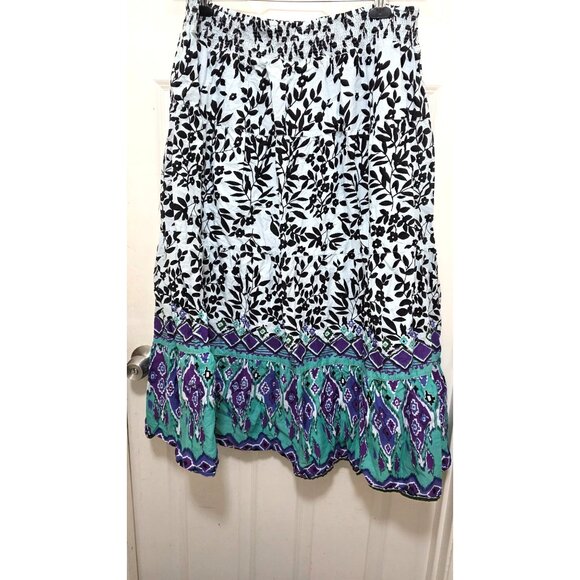 Soft Surroundings Women's 2X Bohemian Maxi Skirt Black & White Floral Green & Pu - Picture 3 of 5